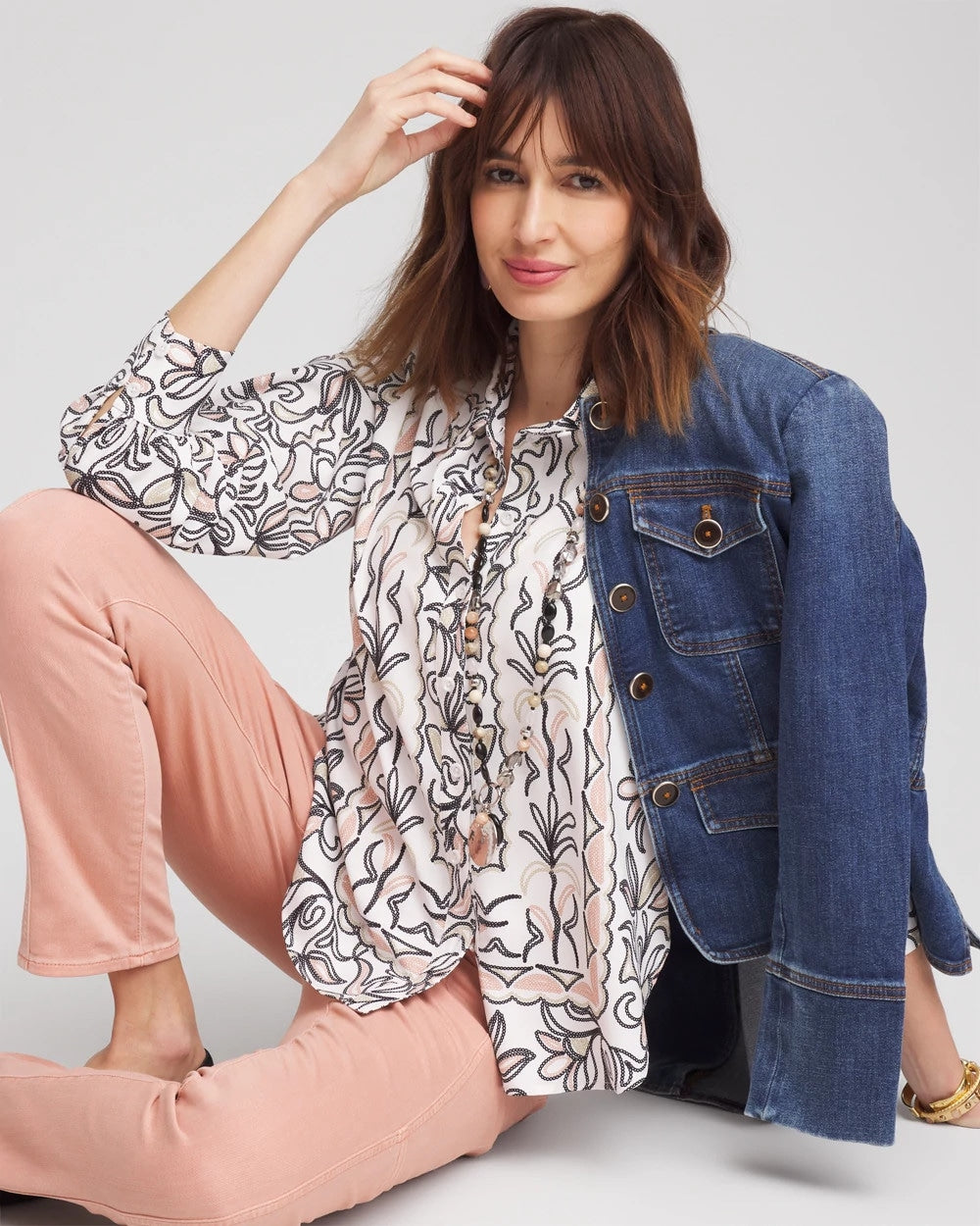 Chico's Faux Silk Floral Collared Shirt French Blush
