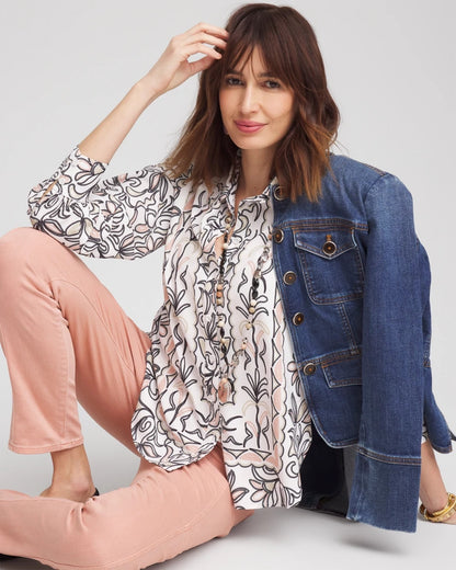 Chico's Faux Silk Floral Collared Shirt French Blush