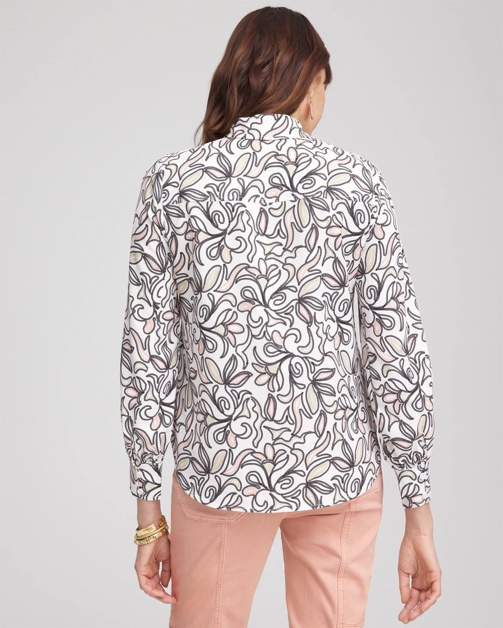 Chico's Faux Silk Floral Collared Shirt French Blush