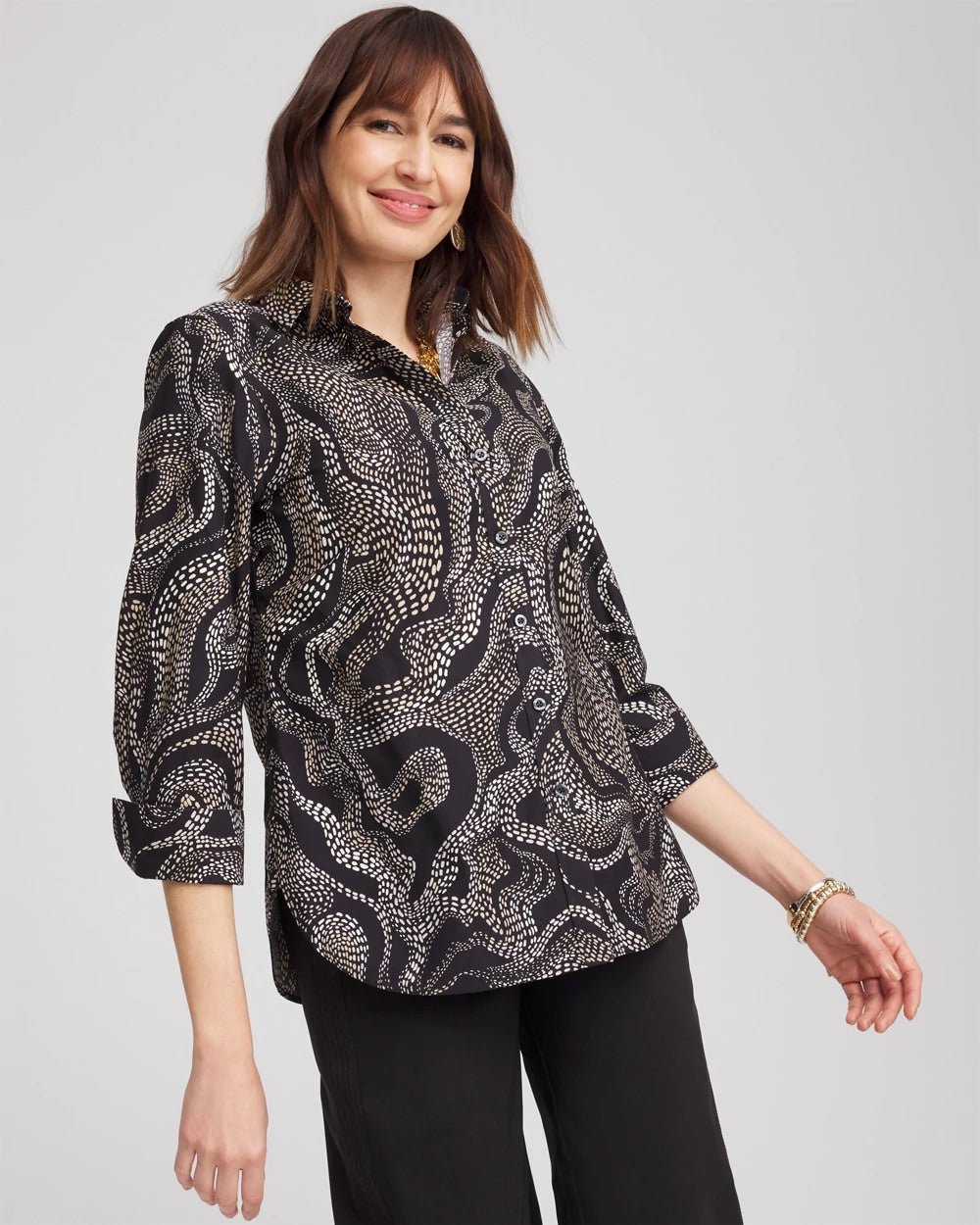 Chico's No Iron™ Sateen Swirls Print Shirt Black