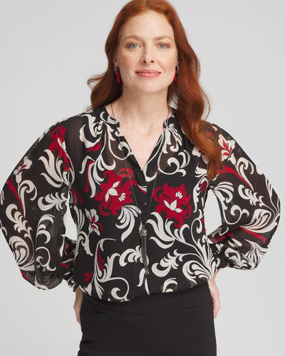 Chico's Crinkle Chiffon Floral Blouse Black