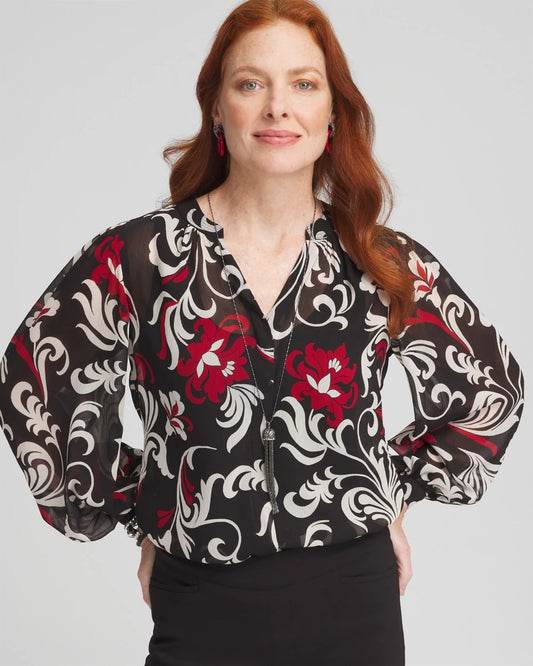 Chico's Crinkle Chiffon Floral Blouse Black