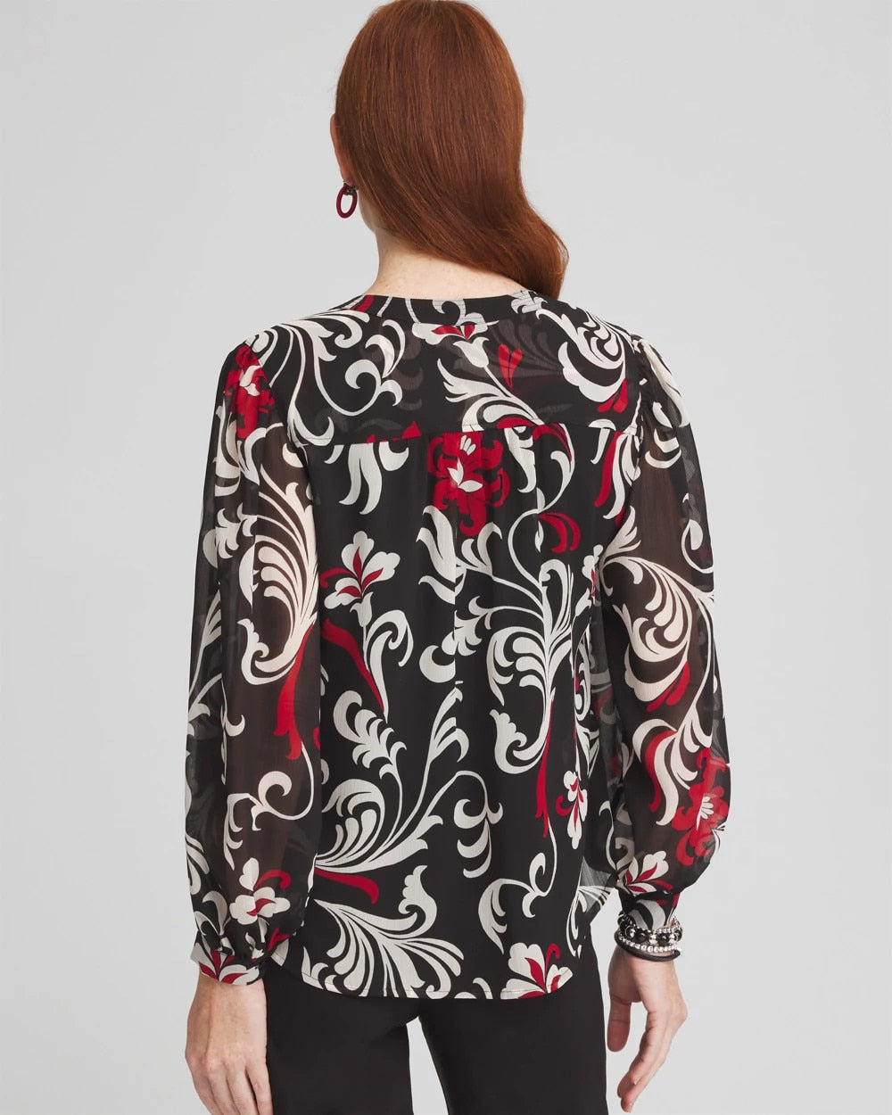 Chico's Crinkle Chiffon Floral Blouse Black