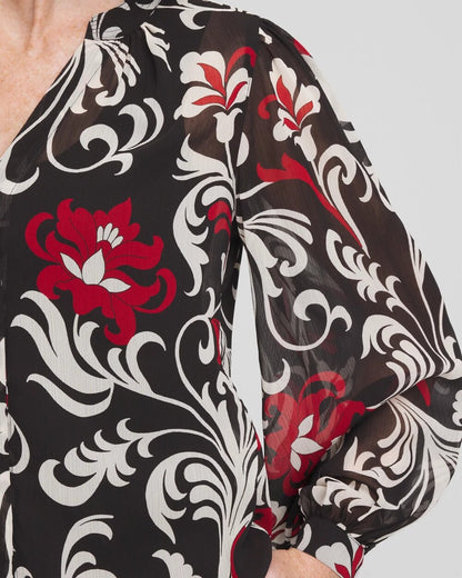 Chico's Crinkle Chiffon Floral Blouse Black