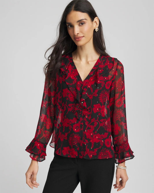 Chico's Georgette Clip Dot Ruffle Blouse Carmine Red