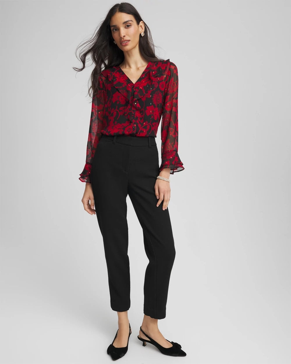 Chico's Georgette Clip Dot Ruffle Blouse Carmine Red