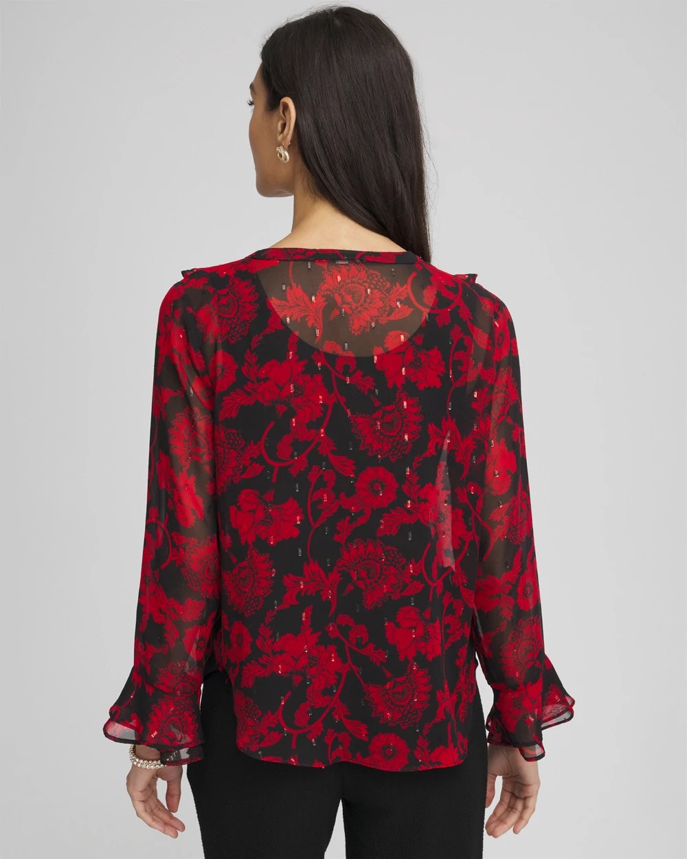 Chico's Georgette Clip Dot Ruffle Blouse Carmine Red