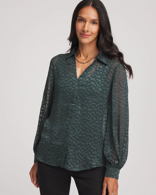 Chico's Clip-Dot Billow-Sleeve Blouse Darkest Spruce
