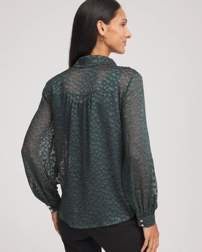 Chico's Clip-Dot Billow-Sleeve Blouse Darkest Spruce