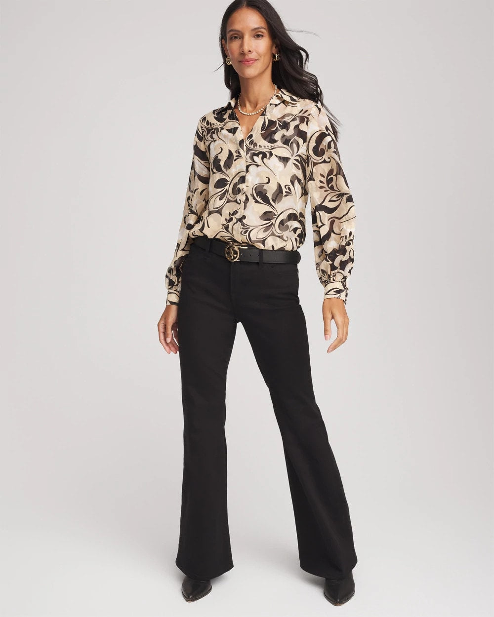 Chico's Floral Burnout Blouson-Sleeve Blouse Black