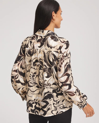 Chico's Floral Burnout Blouson-Sleeve Blouse Black