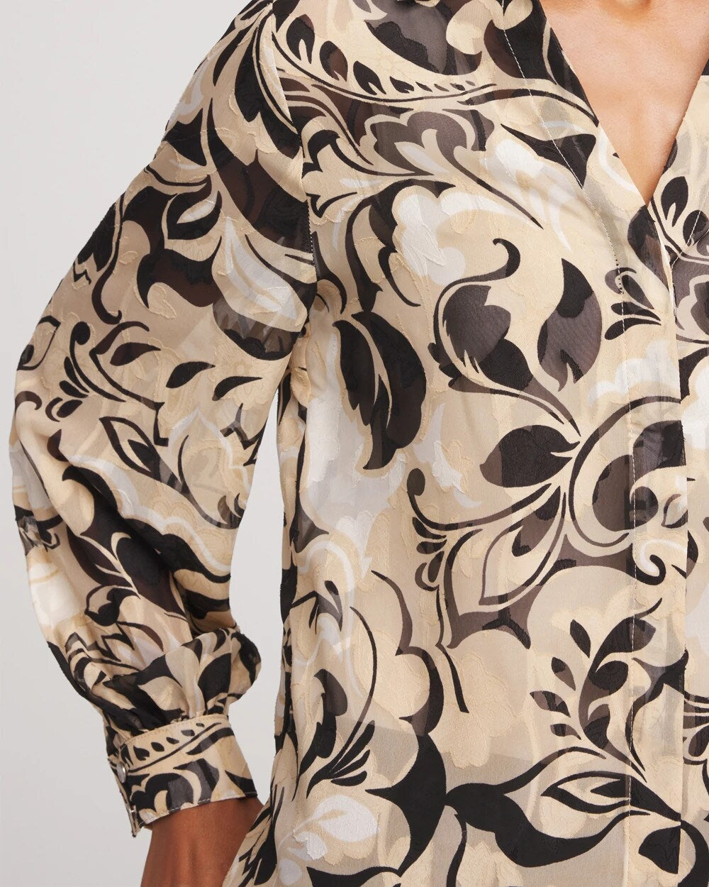 Chico's Floral Burnout Blouson-Sleeve Blouse Black