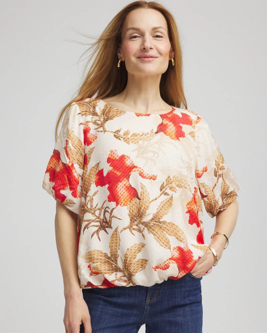 Chico's Floral Bubble-Hem Blouse Glistening Sand
