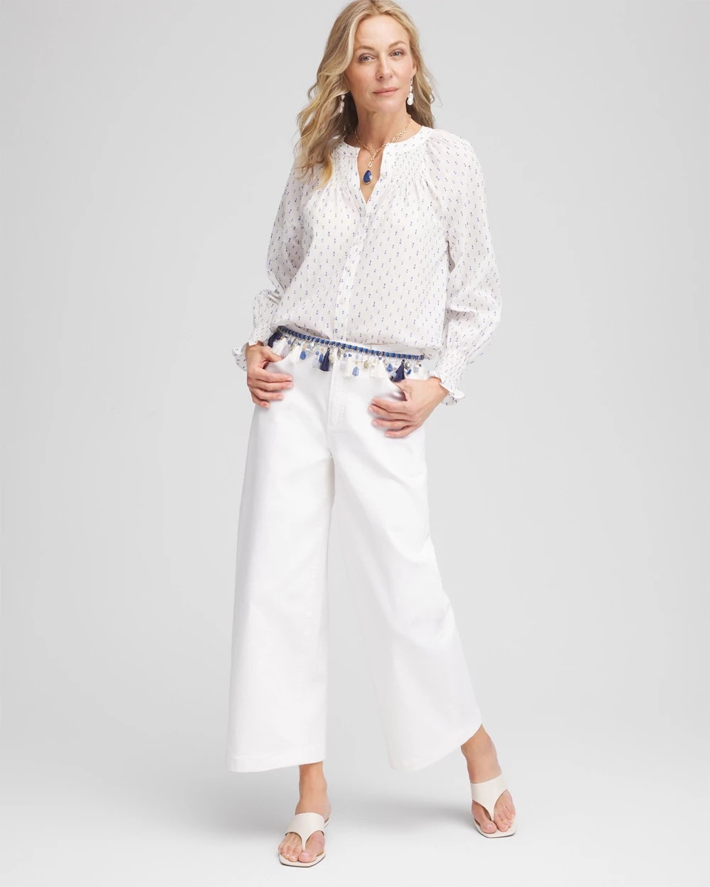 Chico's Smocked Split-neck Blouse Blue Casa