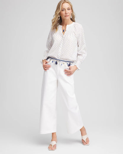 Chico's Smocked Split-neck Blouse Blue Casa