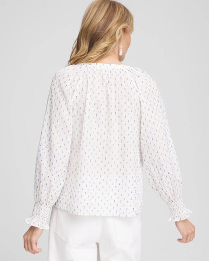 Chico's Smocked Split-neck Blouse Blue Casa
