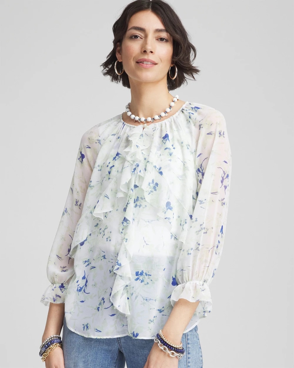 Chico's Georgette Sheer Ruffle Blouse Blue Pearl