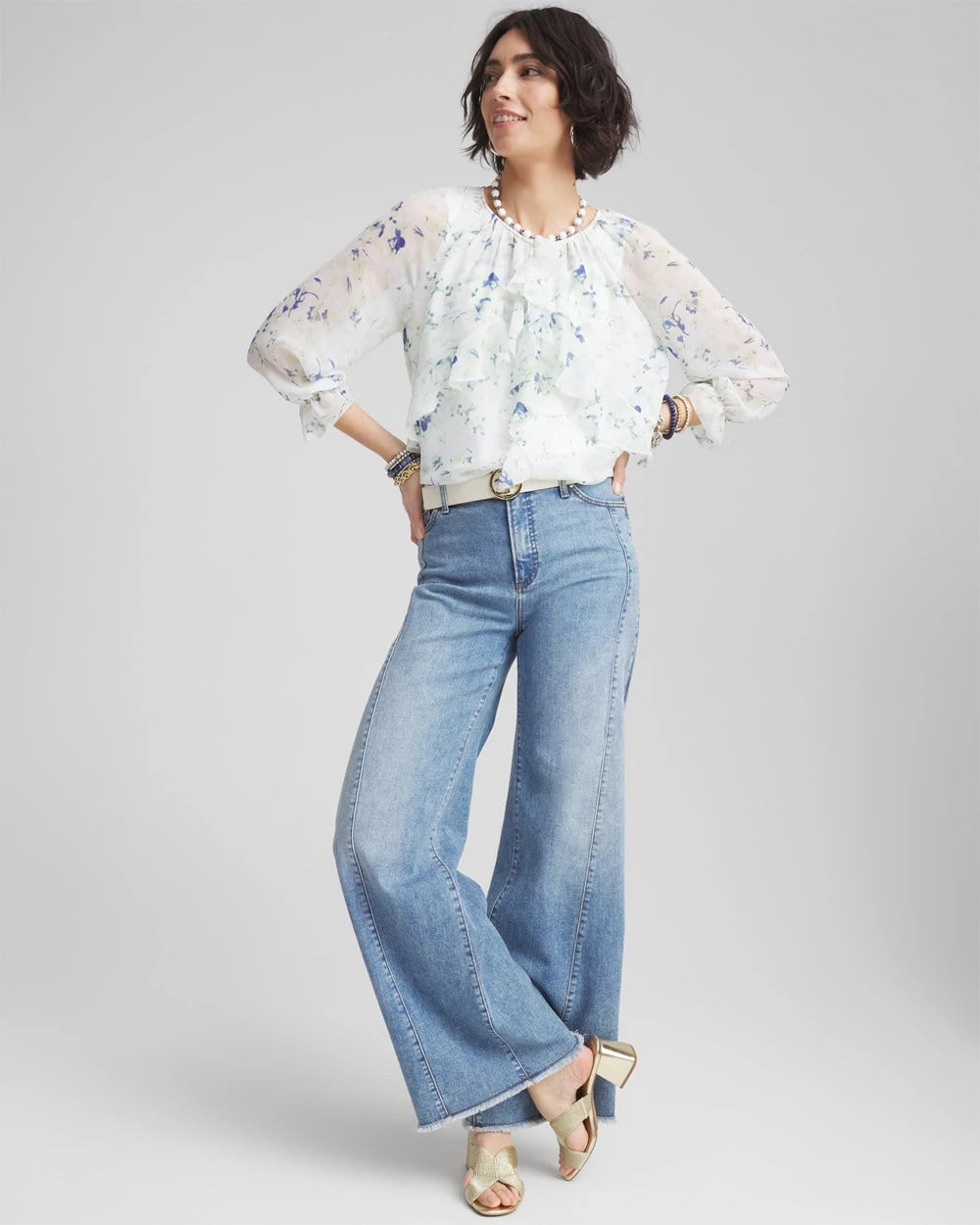Chico's Georgette Sheer Ruffle Blouse Blue Pearl