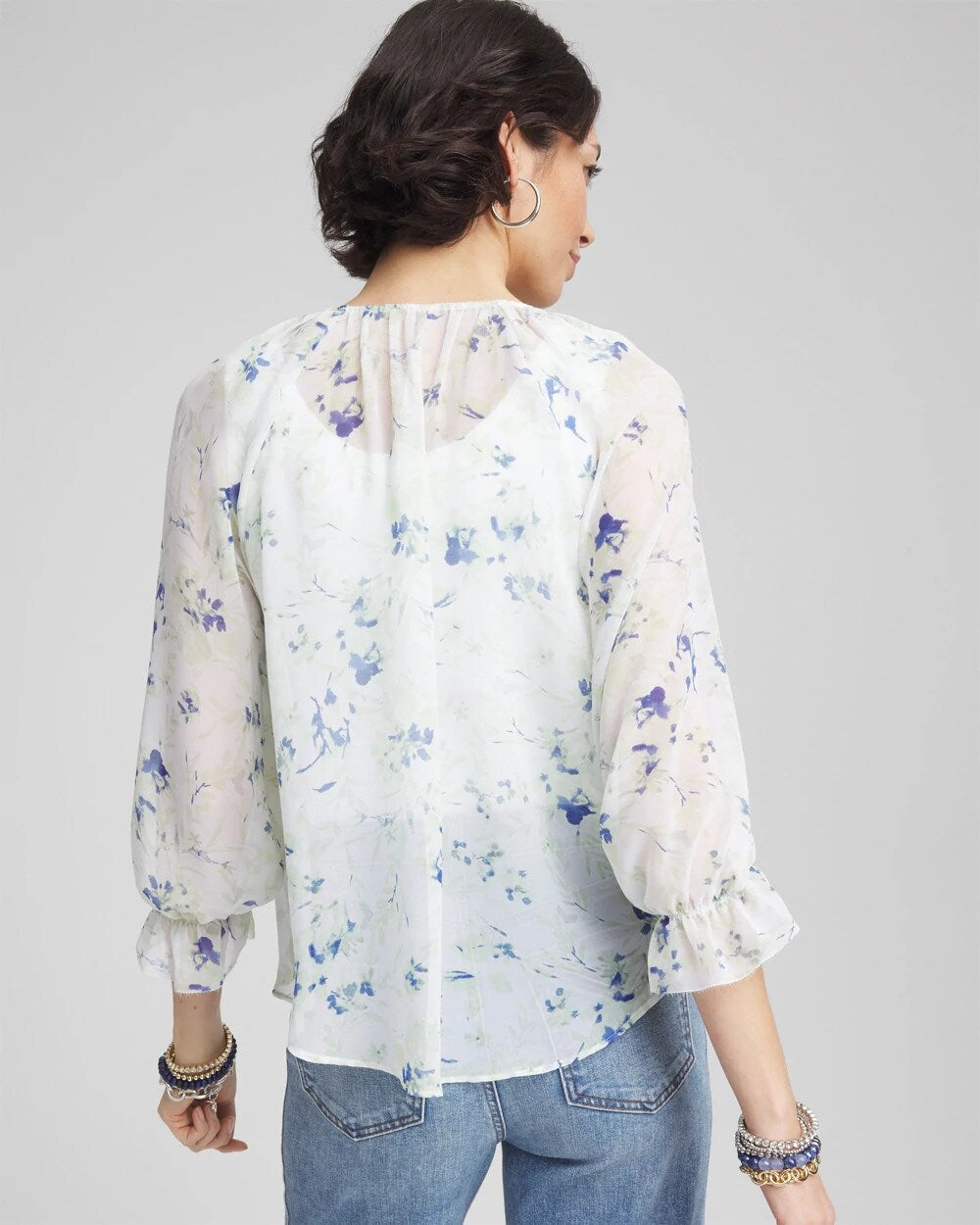 Chico's Georgette Sheer Ruffle Blouse Blue Pearl