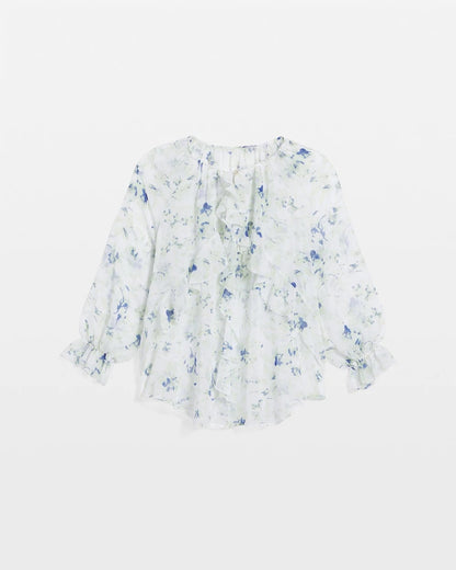 Chico's Georgette Sheer Ruffle Blouse Blue Pearl