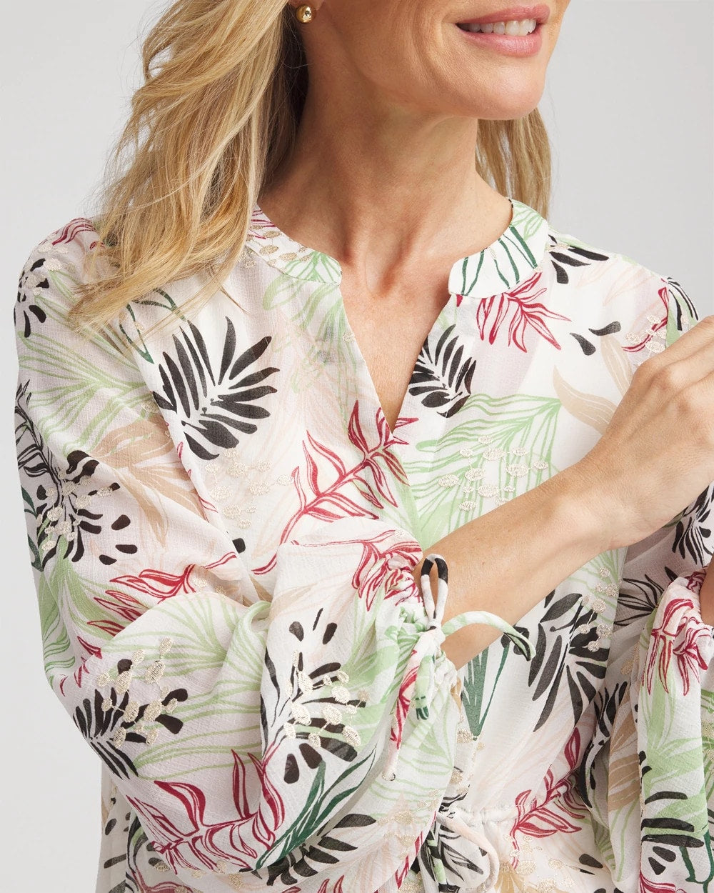 Chico's Drawstring Crinkle Chiffon Blouse Cafe Aroma
