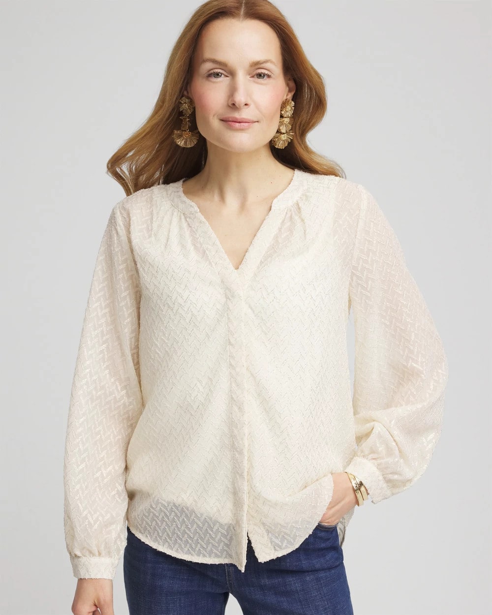 Chico's Chevron Blouson Sleeve Blouse Ecru
