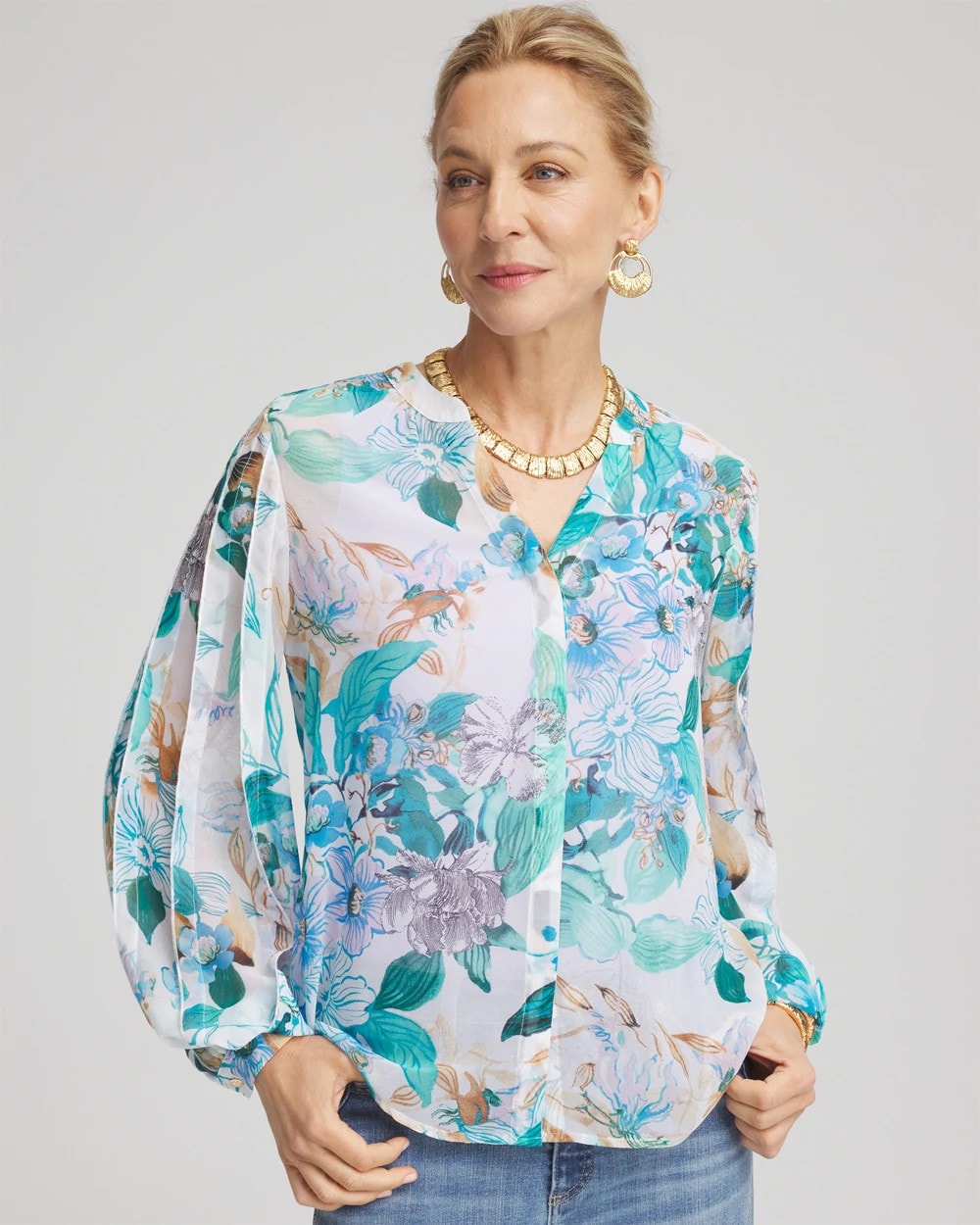 Chico's Georgette Billow Sleeved Blouse Paradiso Blue