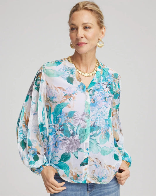 Chico's Georgette Billow Sleeved Blouse Paradiso Blue