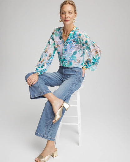 Chico's Georgette Billow Sleeved Blouse Paradiso Blue
