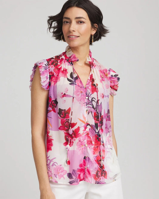 Chico's Floral Ruffle Collar Blouse Plum Shade