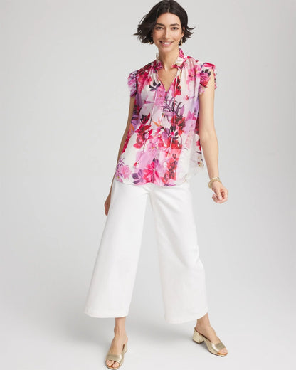Chico's Floral Ruffle Collar Blouse Plum Shade