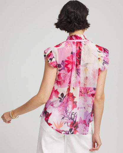 Chico's Floral Ruffle Collar Blouse Plum Shade