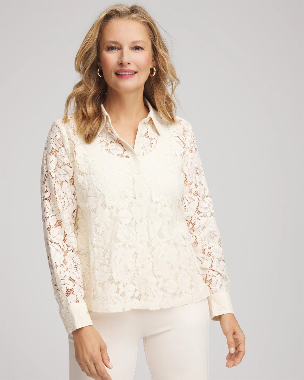 Chico's Classic-Fit Collared Lace Shirt English Cream