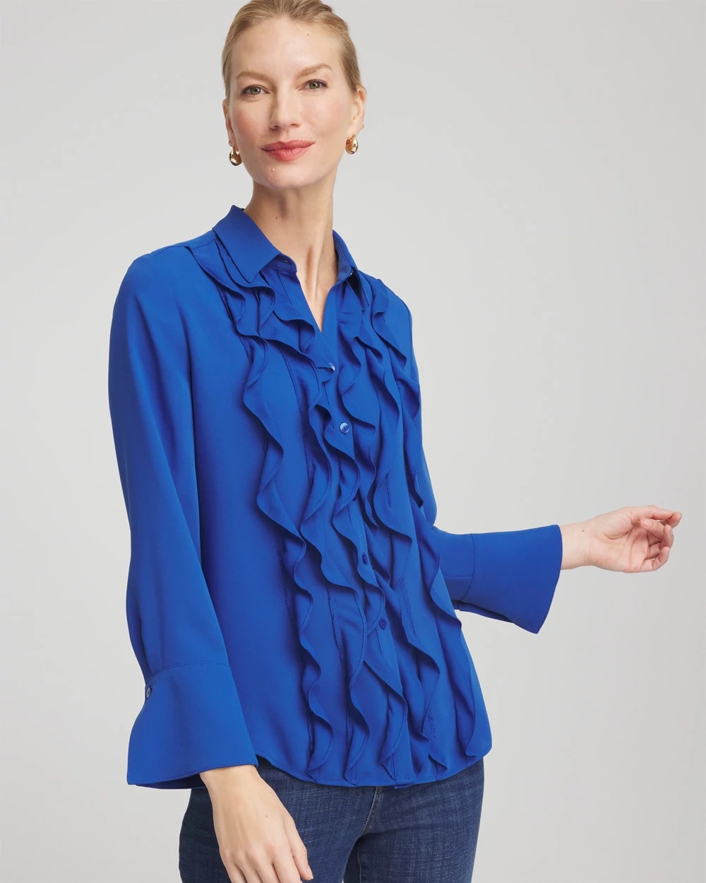 Chico's Ruffle-Trim Chiffon Blouse Cobalt Stone