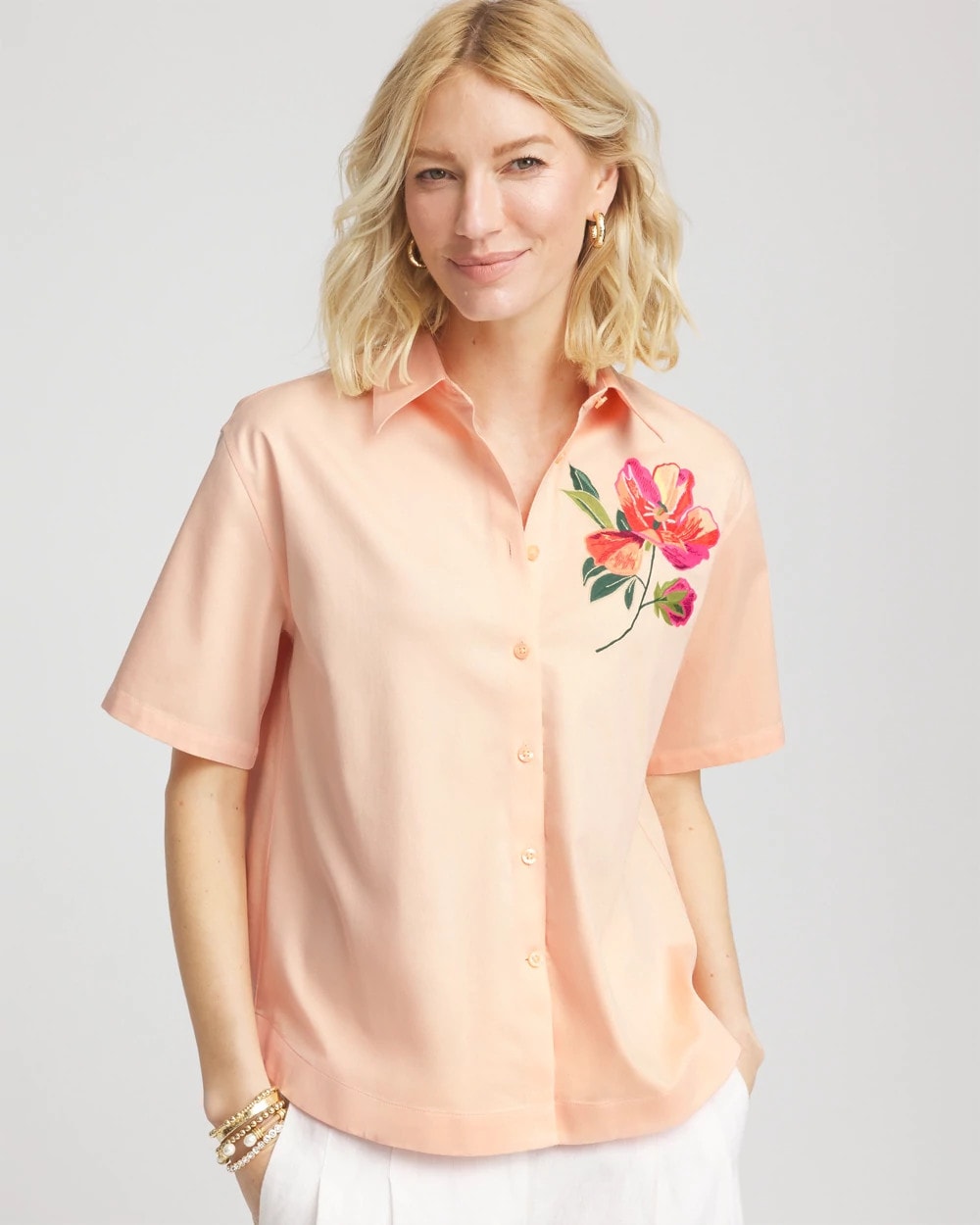 Chico's No Iron™ Embroidered Floral Short-Sleeve Shirt Sunset Peach