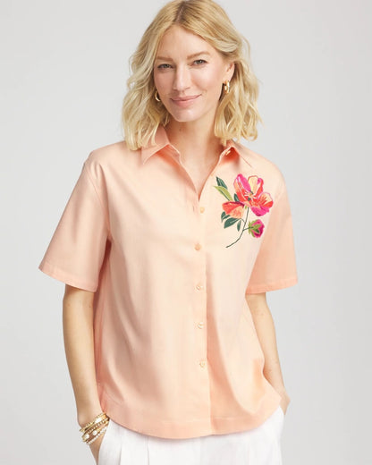 Chico's No Iron™ Embroidered Floral Short-Sleeve Shirt Sunset Peach