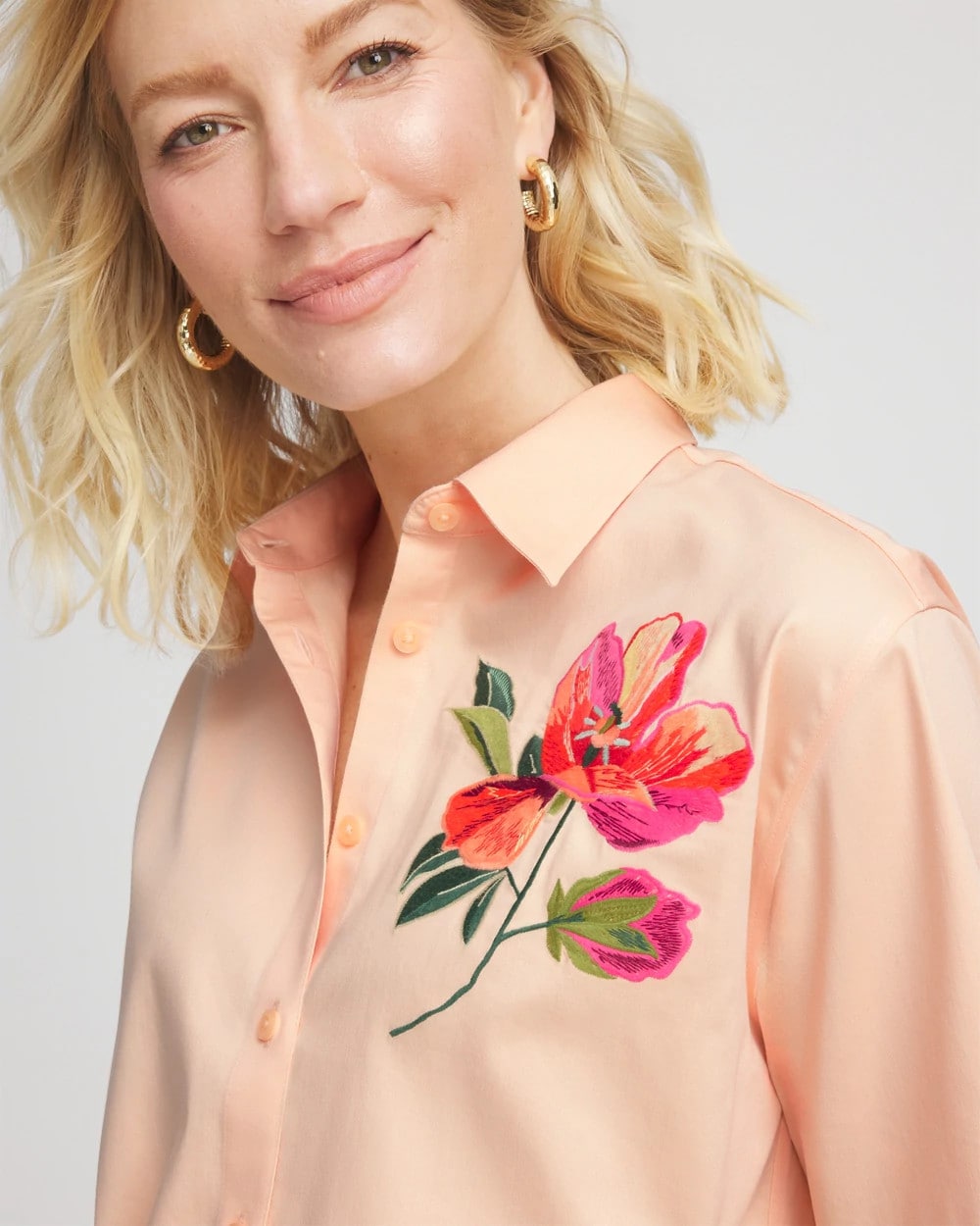 Chico's No Iron™ Embroidered Floral Short-Sleeve Shirt Sunset Peach