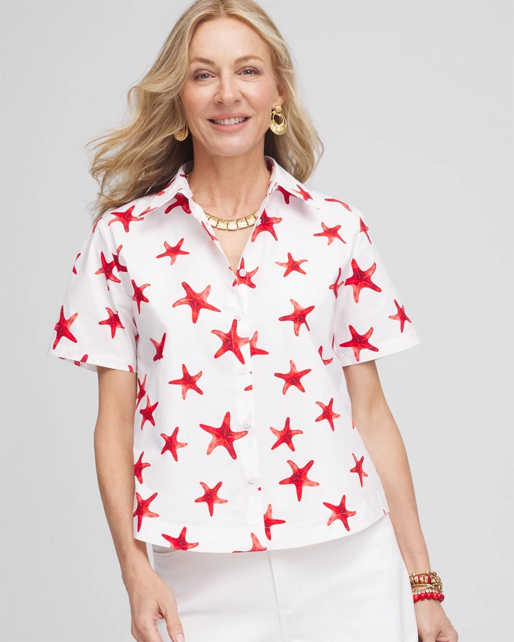 Chico's Starfish Short Sleeve Swing Shirt Red Glow