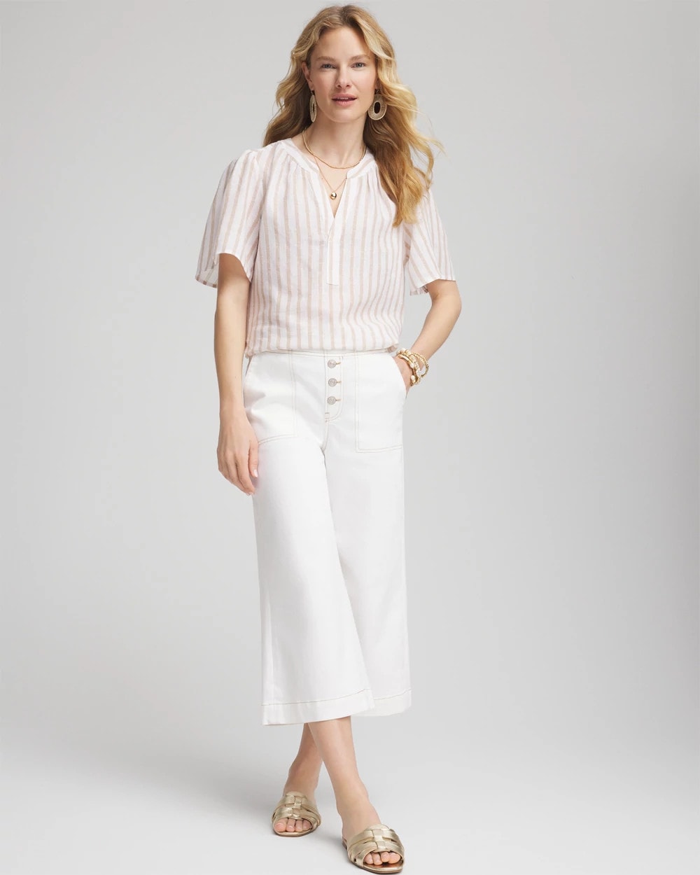 Chico's Striped Linen Popover Shirt Sycamore