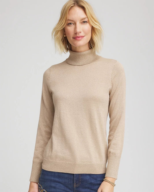 Chico's Metallic Turtleneck Pullover Sweater Champagne Fizz