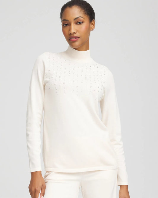 Chico's Ella Embellished Mockneck Sweater English Cream
