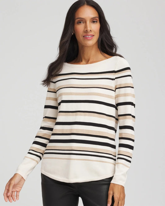 Chico's Ella Stripe Boatneck Sweater English Cream