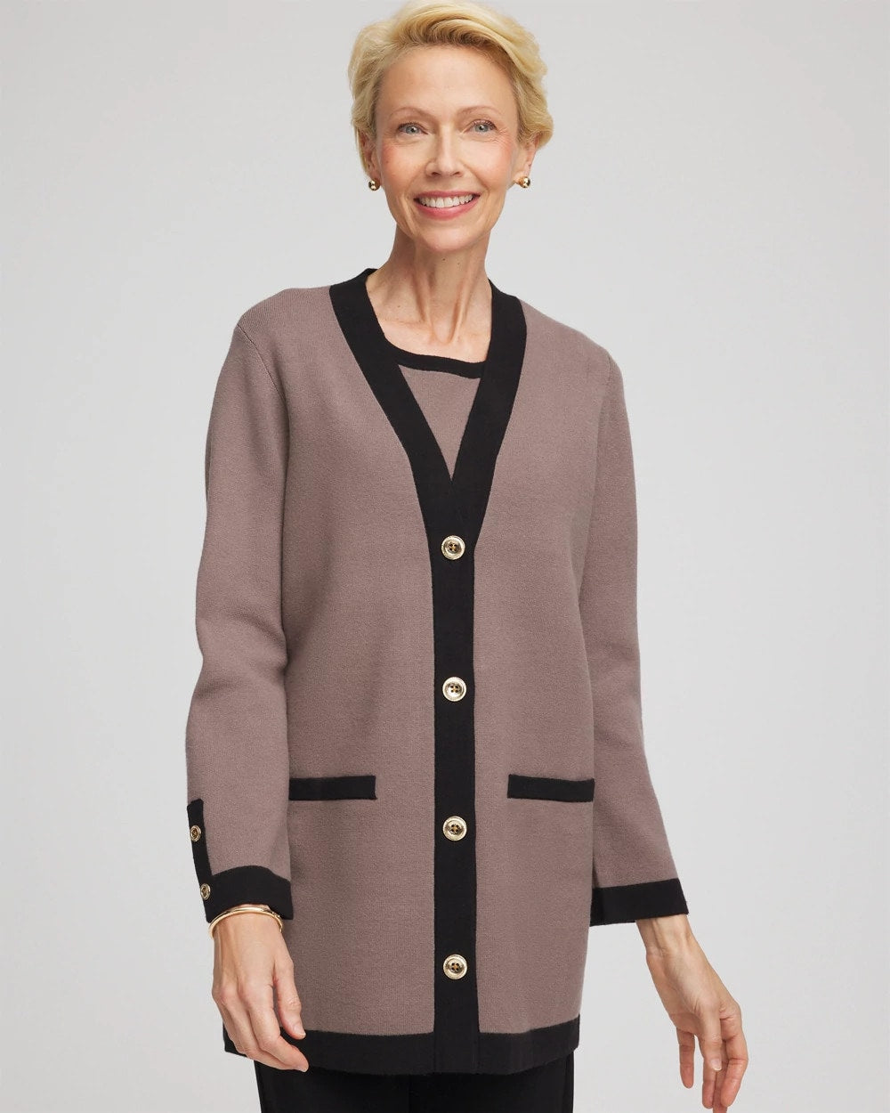 Chico's Travelers™ Tipped Button-Down Cardigan Deep Taupe