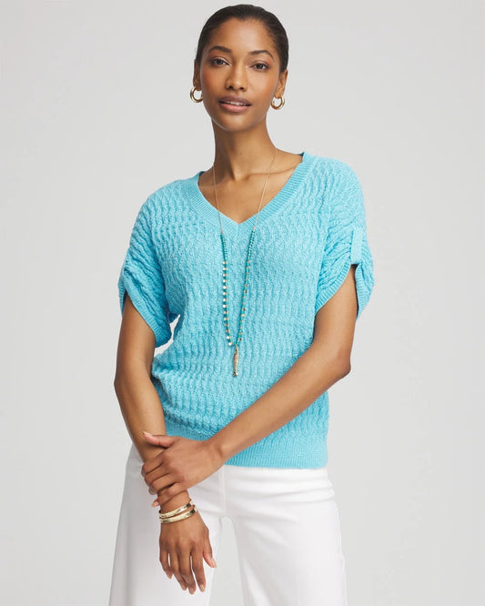 Chico's Sequin V-Neck Pullover Sweater Paradiso Blue
