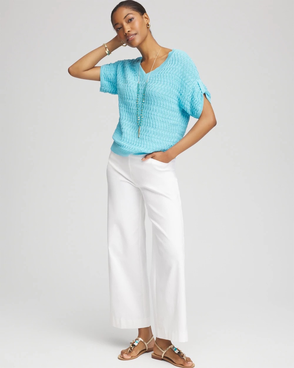 Chico's Sequin V-Neck Pullover Sweater Paradiso Blue