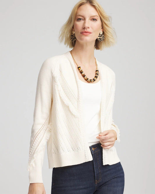 Chico's Cable Knit Fringed Sweater English Cream