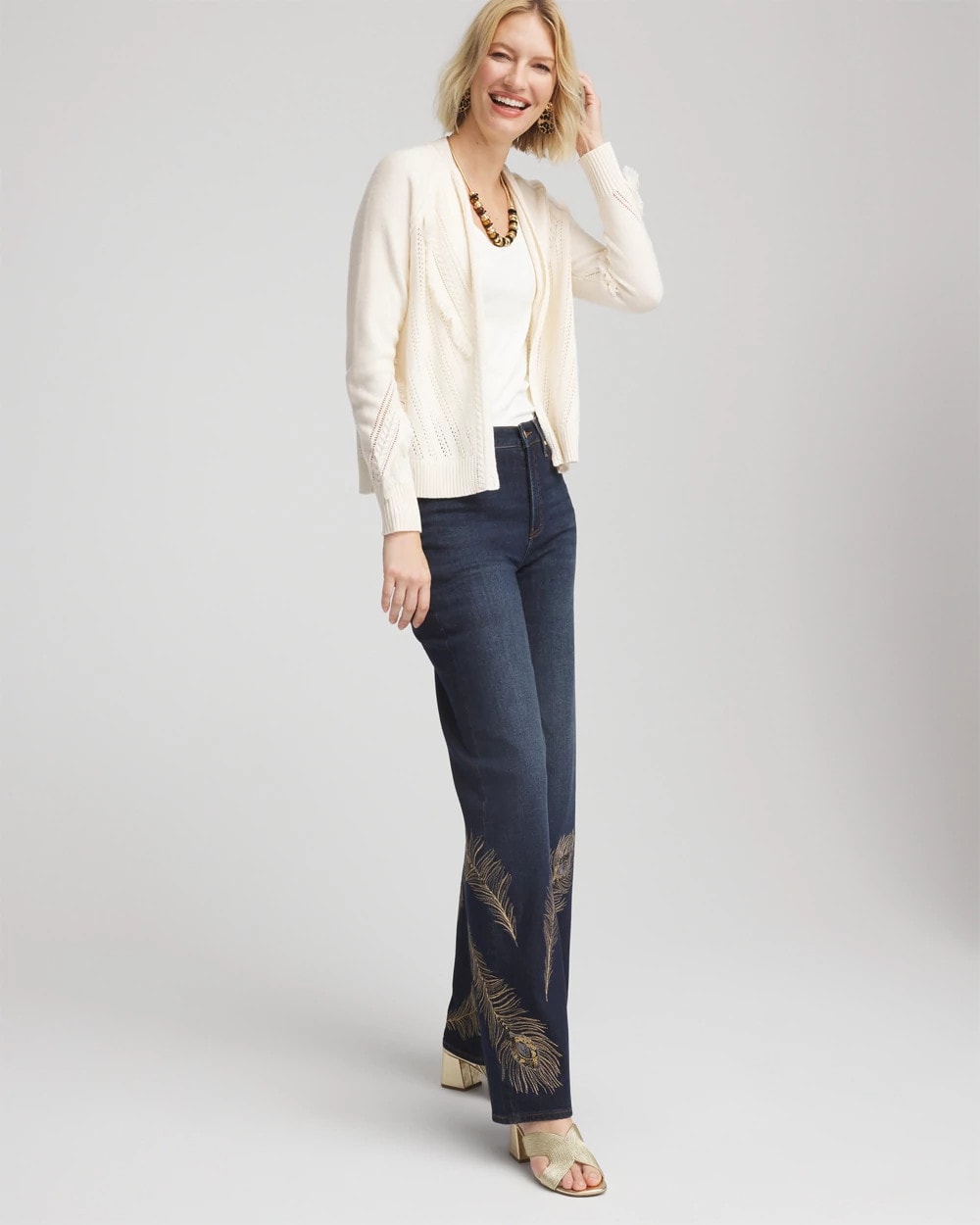 Chico's Cable Knit Fringed Sweater English Cream