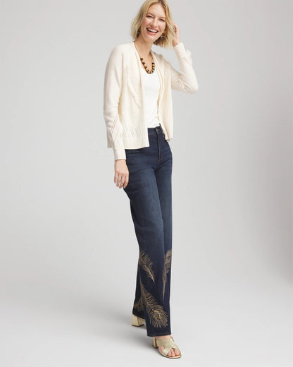 Chico's Cable Knit Fringed Sweater English Cream