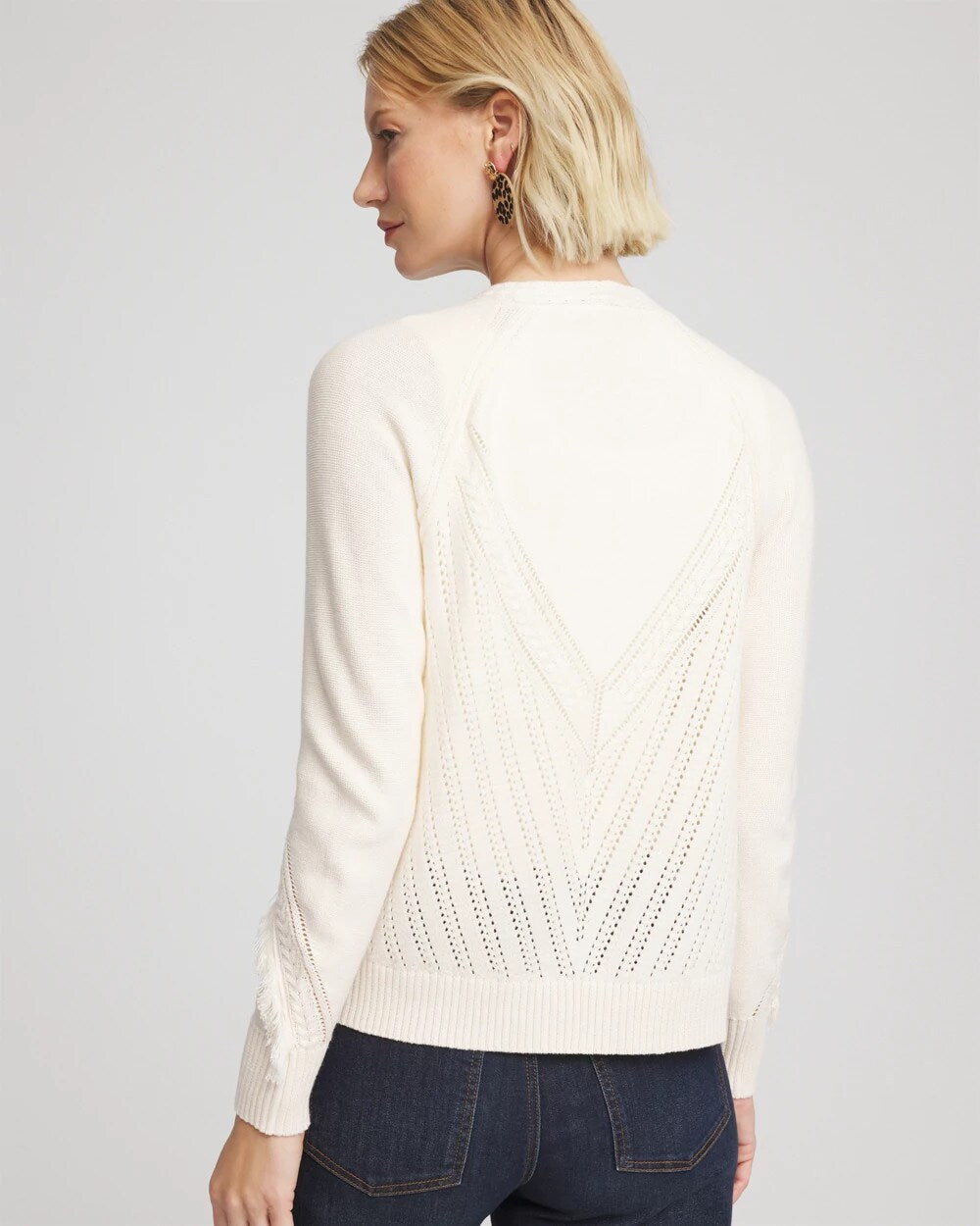 Chico's Cable Knit Fringed Sweater English Cream