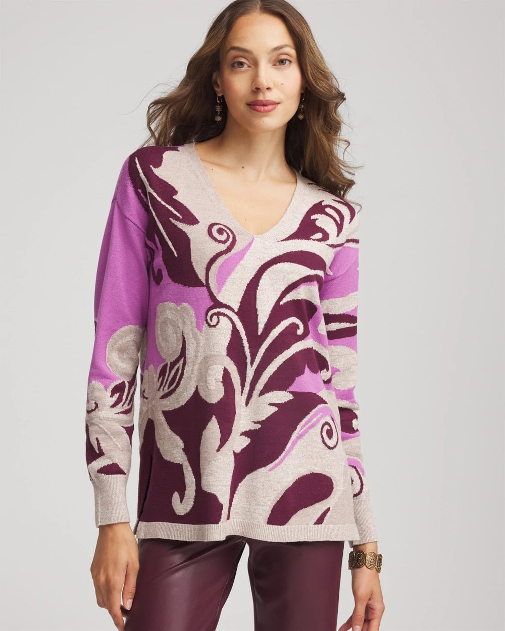Chico's Intarsia Knit V-Neck Pullover Sweater Gooseberry